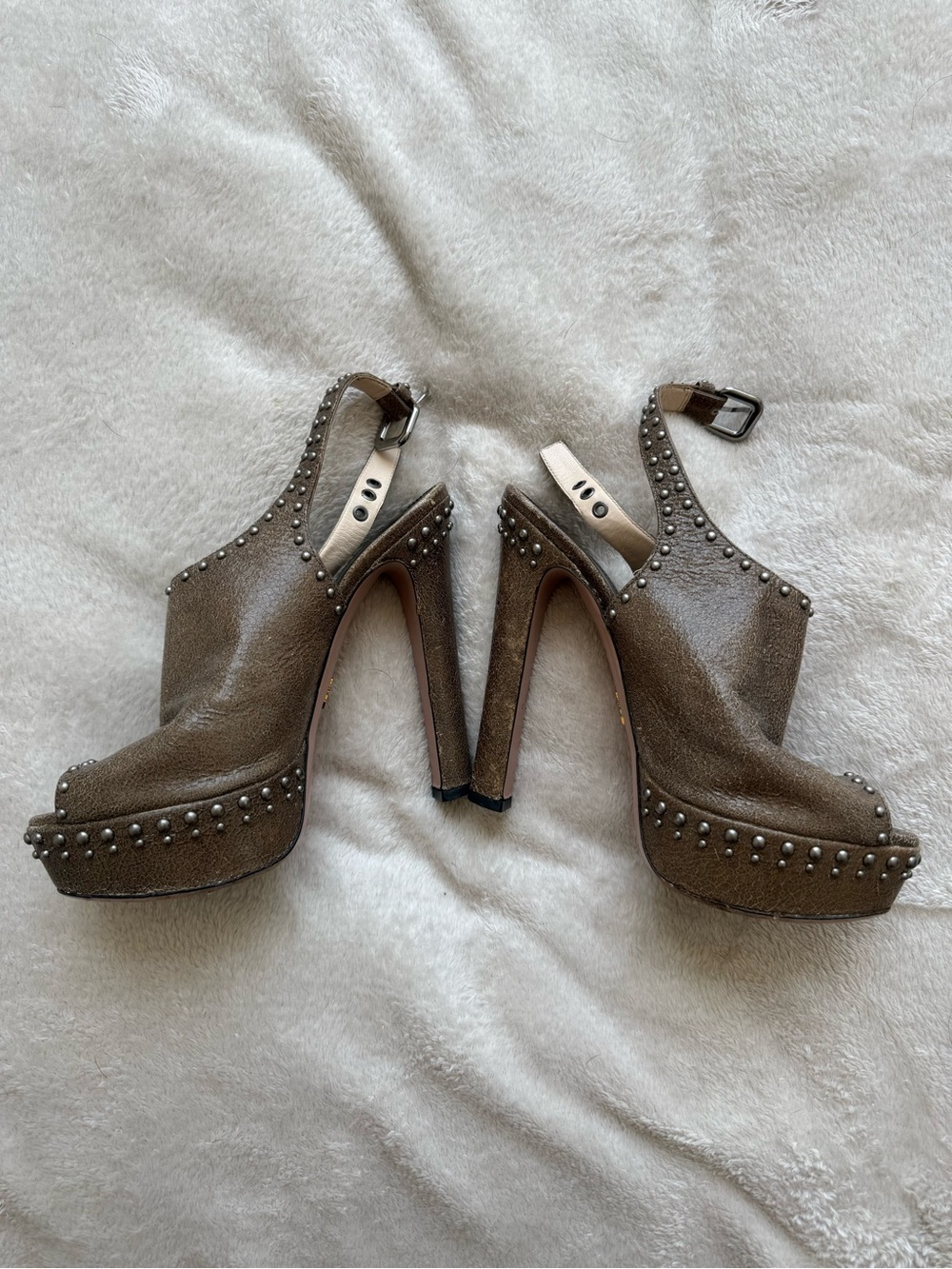Prada Studded Taupe Platform Slingback Heels